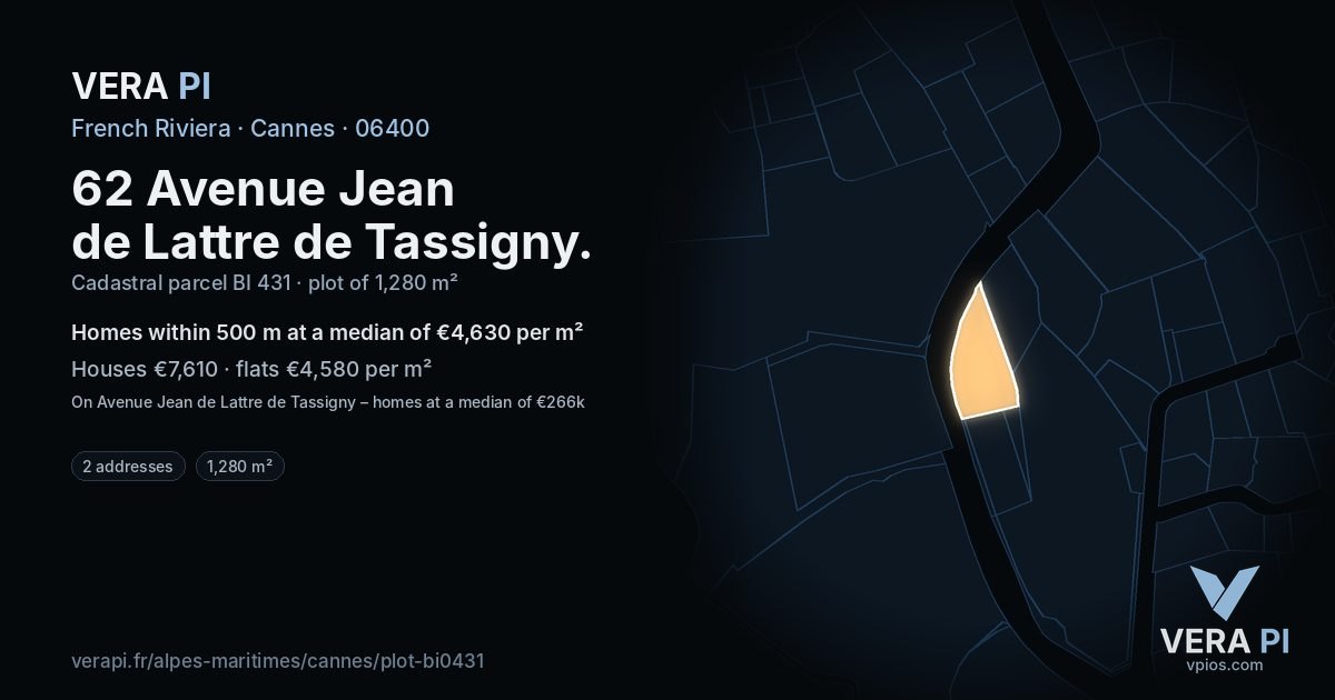 62 Avenue Jean de Lattre de Tassigny, Cannes at night – the plot lit, the parcels around coloured by the prices near them