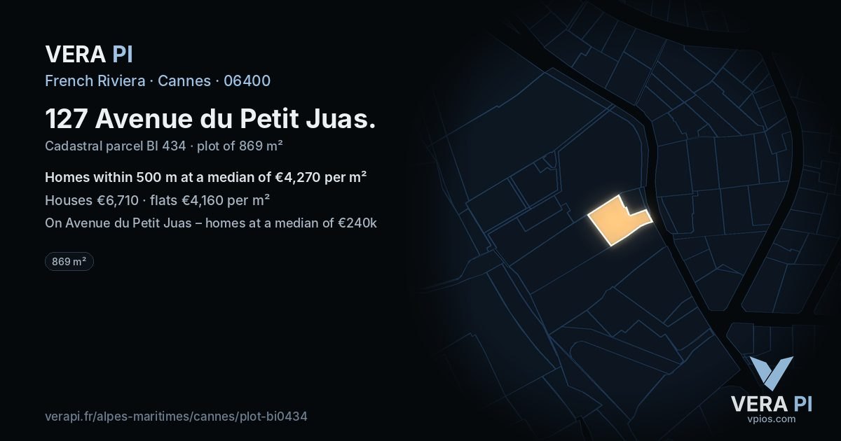 127 Avenue du Petit Juas, Cannes at night – the plot lit, the parcels around coloured by the prices near them