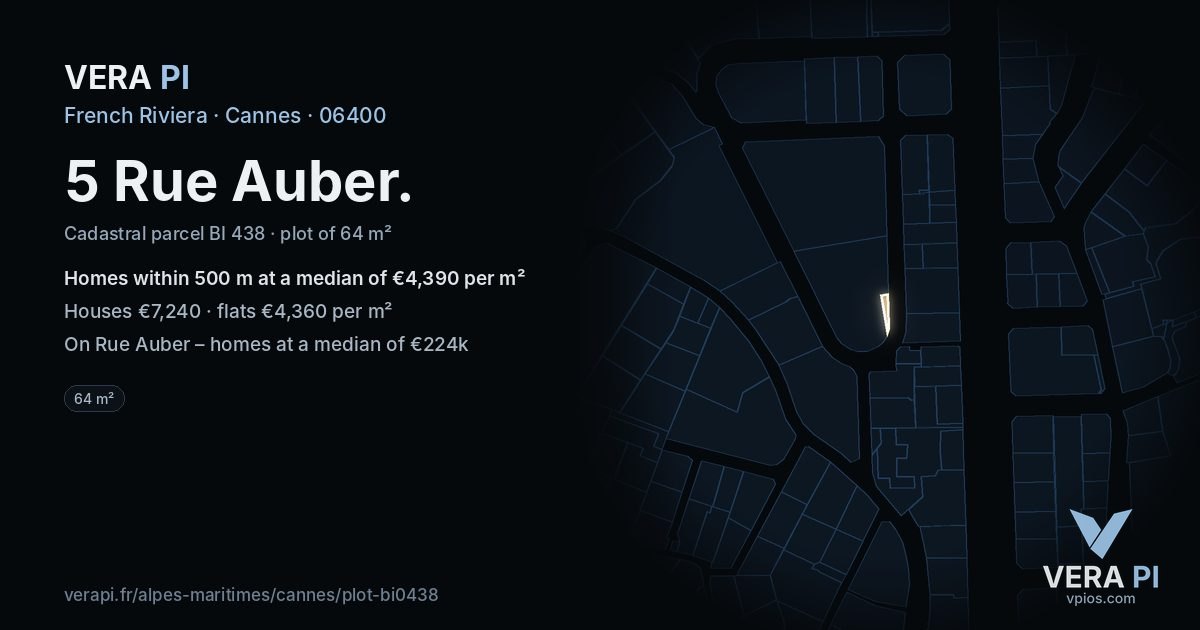 5 Rue Auber, Cannes at night – the plot lit, the parcels around coloured by the prices near them