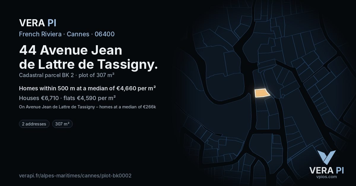 44 Avenue Jean de Lattre de Tassigny, Cannes at night – the plot lit, the parcels around coloured by the prices near them