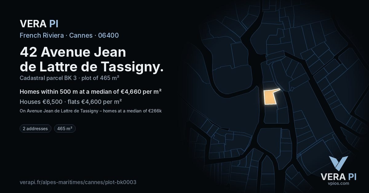 42 Avenue Jean de Lattre de Tassigny, Cannes at night – the plot lit, the parcels around coloured by the prices near them