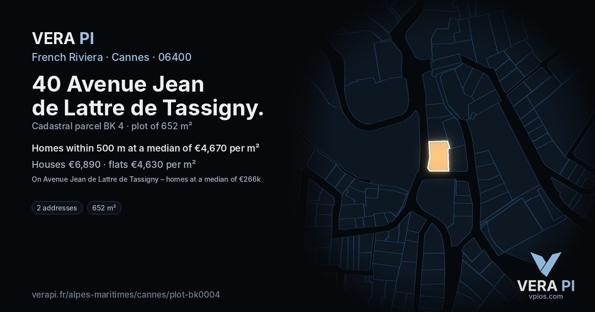 40 Avenue Jean de Lattre de Tassigny, Cannes at night – the plot lit, the parcels around coloured by the prices near them