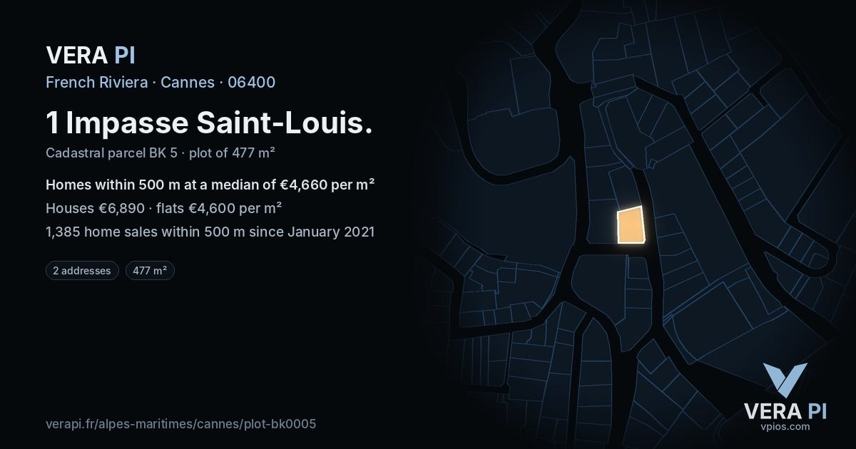 1 Impasse Saint-Louis, Cannes at night – the plot lit, the parcels around coloured by the prices near them