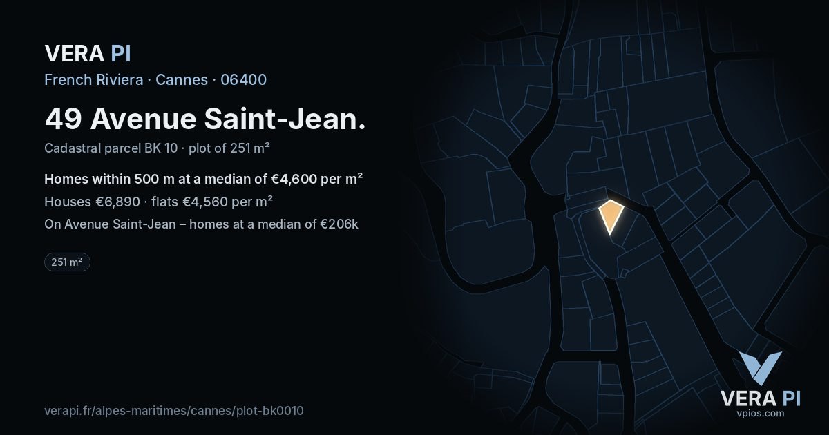 49 Avenue Saint-Jean, Cannes at night – the plot lit, the parcels around coloured by the prices near them