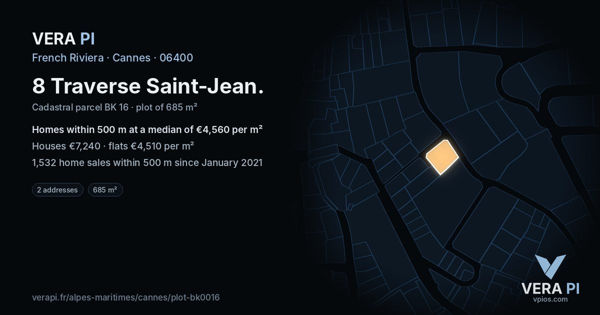 8 Traverse Saint-Jean, Cannes at night – the plot lit, the parcels around coloured by the prices near them