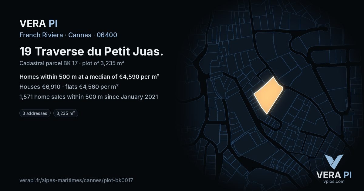 19 Traverse du Petit Juas, Cannes at night – the plot lit, the parcels around coloured by the prices near them