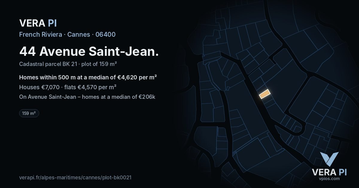 44 Avenue Saint-Jean, Cannes at night – the plot lit, the parcels around coloured by the prices near them