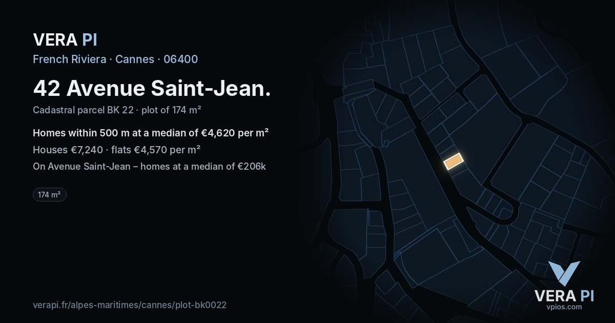 42 Avenue Saint-Jean, Cannes at night – the plot lit, the parcels around coloured by the prices near them