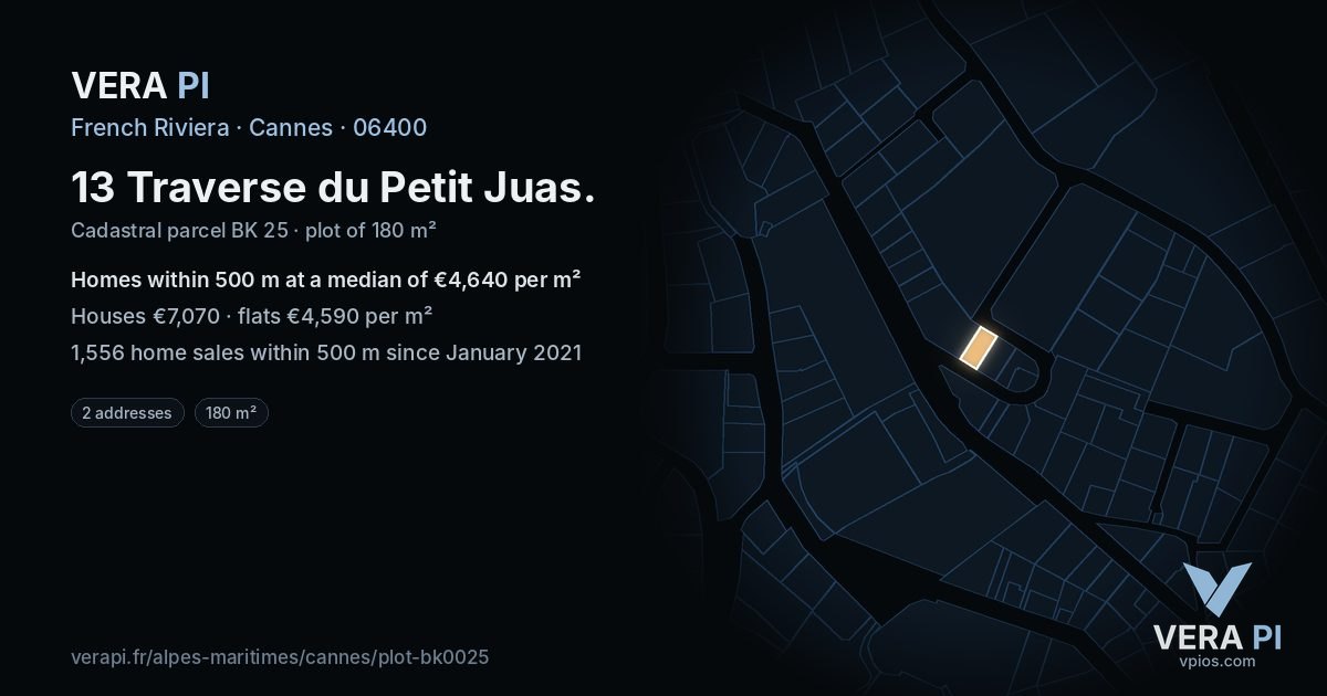 13 Traverse du Petit Juas, Cannes at night – the plot lit, the parcels around coloured by the prices near them