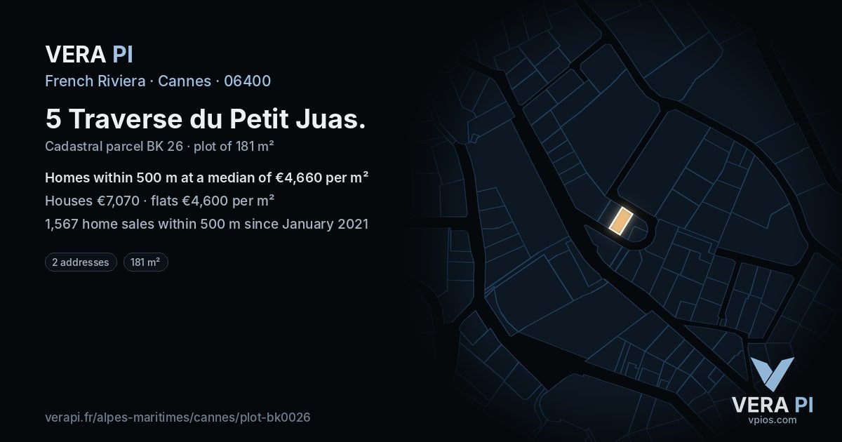 5 Traverse du Petit Juas, Cannes at night – the plot lit, the parcels around coloured by the prices near them