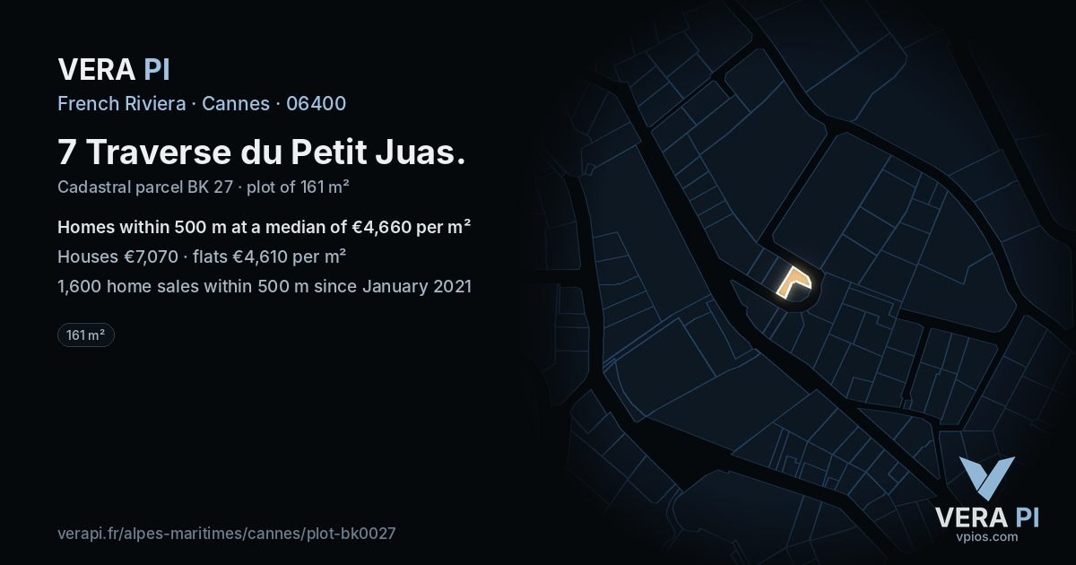 7 Traverse du Petit Juas, Cannes at night – the plot lit, the parcels around coloured by the prices near them