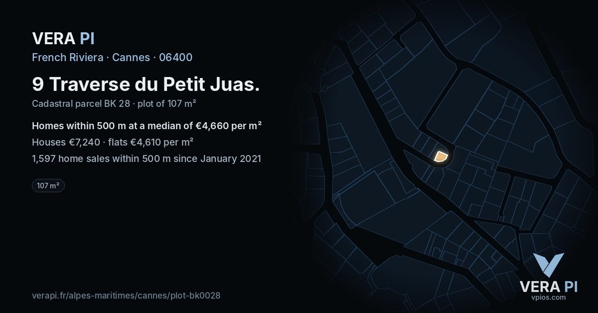 9 Traverse du Petit Juas, Cannes at night – the plot lit, the parcels around coloured by the prices near them