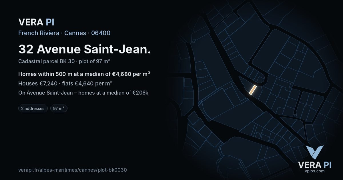 32 Avenue Saint-Jean, Cannes at night – the plot lit, the parcels around coloured by the prices near them