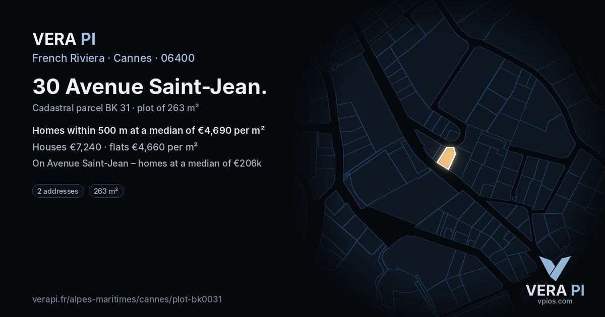 30 Avenue Saint-Jean, Cannes at night – the plot lit, the parcels around coloured by the prices near them