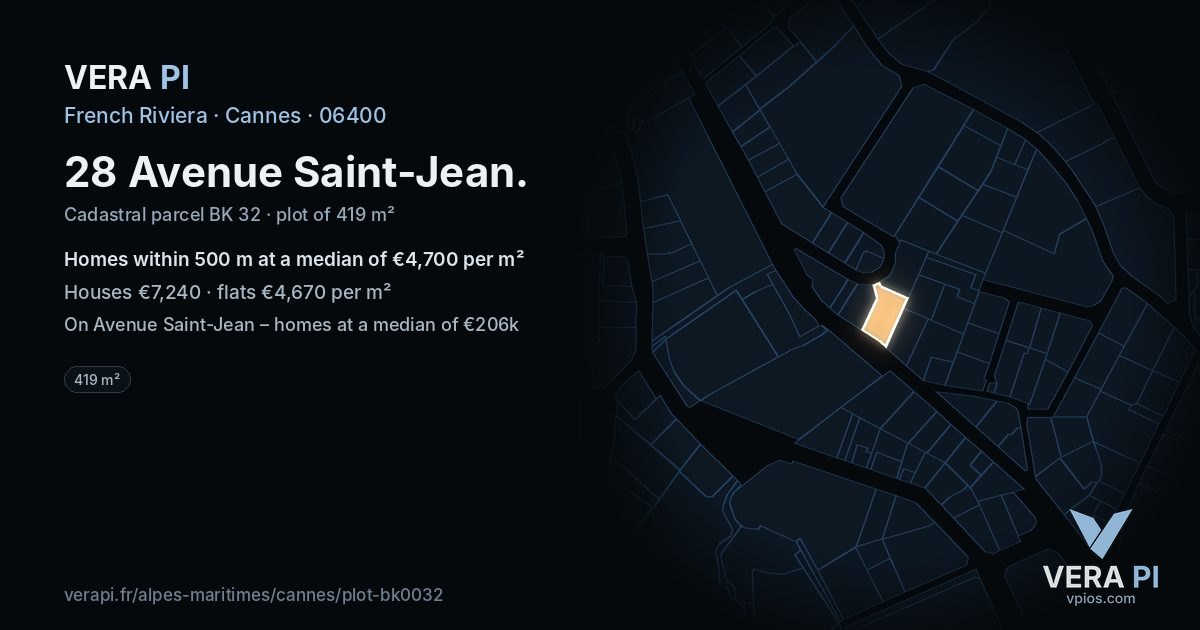28 Avenue Saint-Jean, Cannes at night – the plot lit, the parcels around coloured by the prices near them