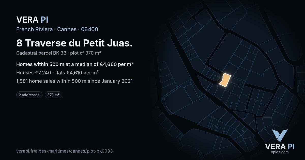 8 Traverse du Petit Juas, Cannes at night – the plot lit, the parcels around coloured by the prices near them