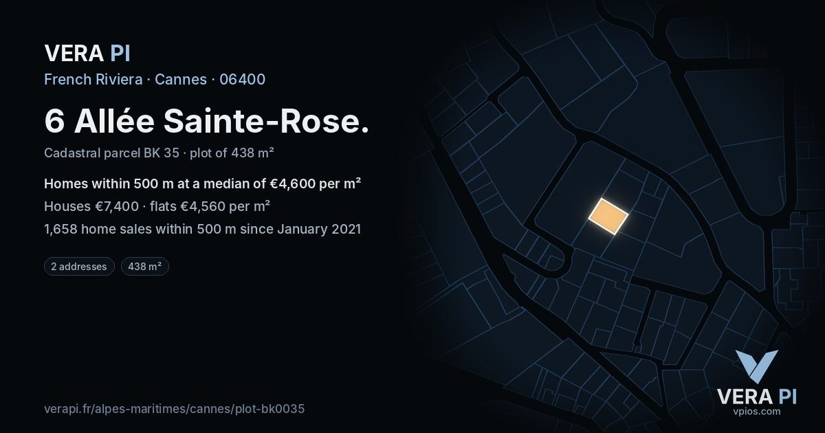 6 Allée Sainte-Rose, Cannes at night – the plot lit, the parcels around coloured by the prices near them