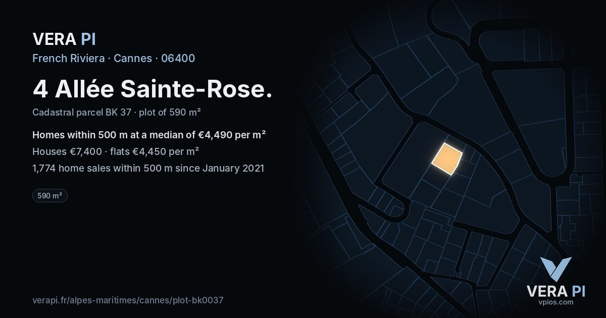 4 Allée Sainte-Rose, Cannes at night – the plot lit, the parcels around coloured by the prices near them
