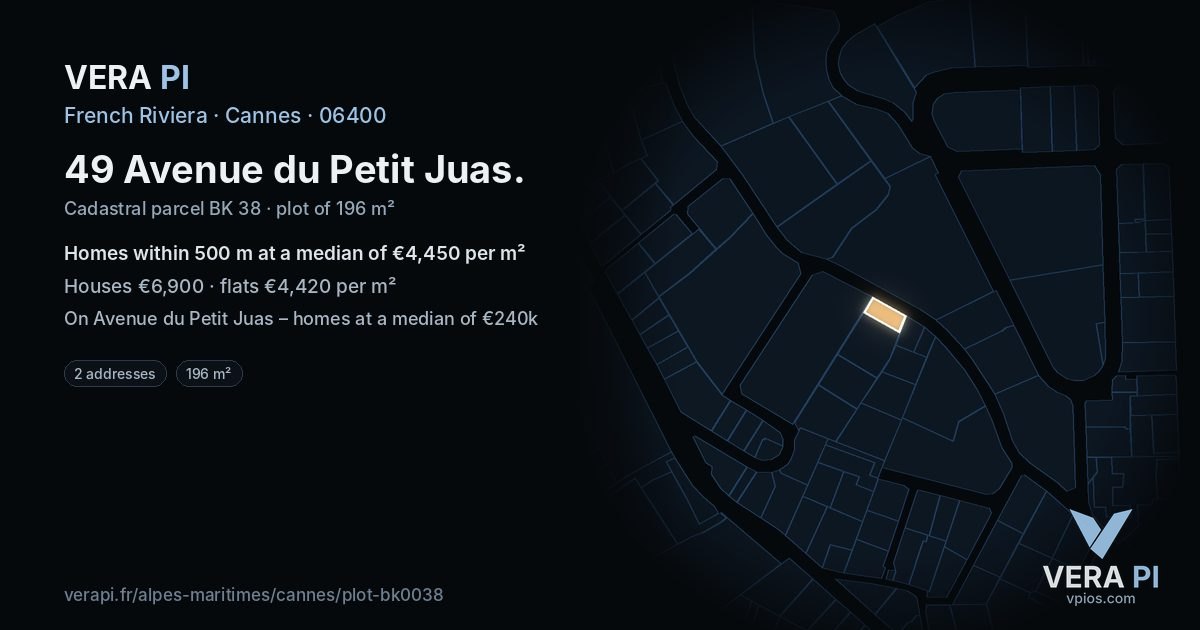 49 Avenue du Petit Juas, Cannes at night – the plot lit, the parcels around coloured by the prices near them
