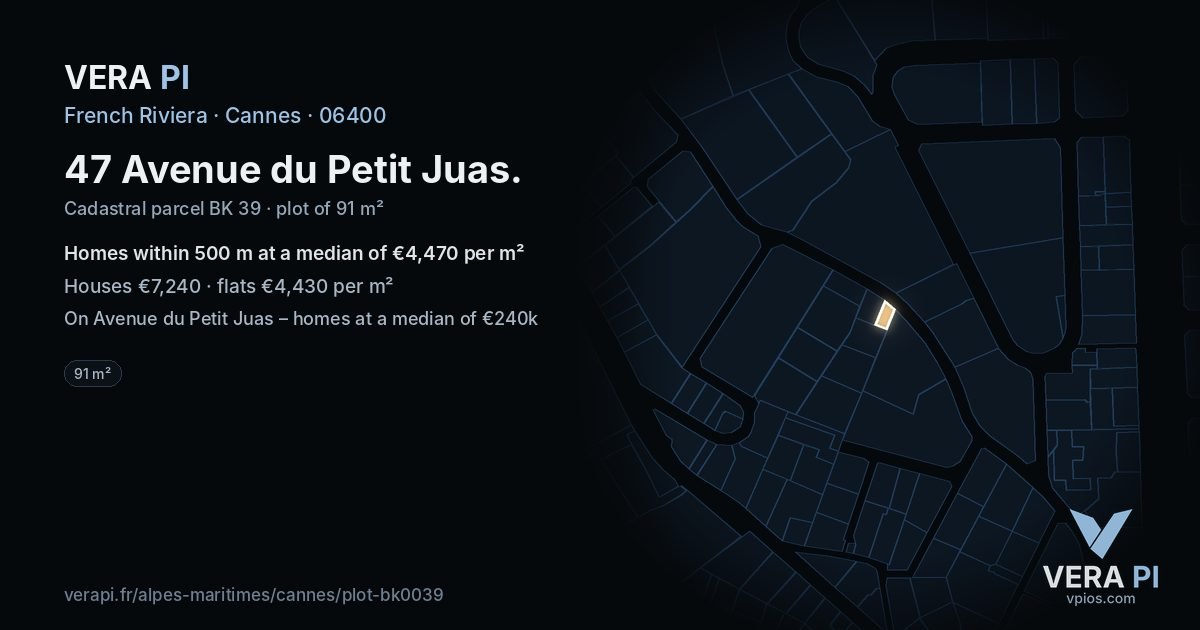 47 Avenue du Petit Juas, Cannes at night – the plot lit, the parcels around coloured by the prices near them