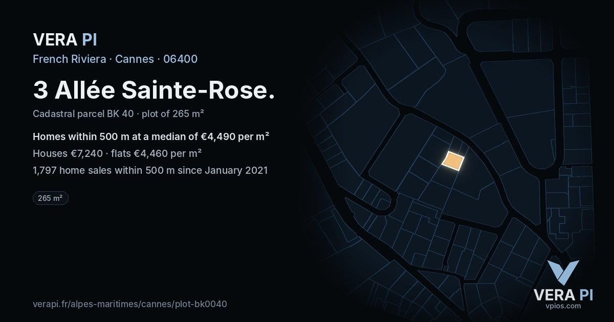 3 Allée Sainte-Rose, Cannes at night – the plot lit, the parcels around coloured by the prices near them