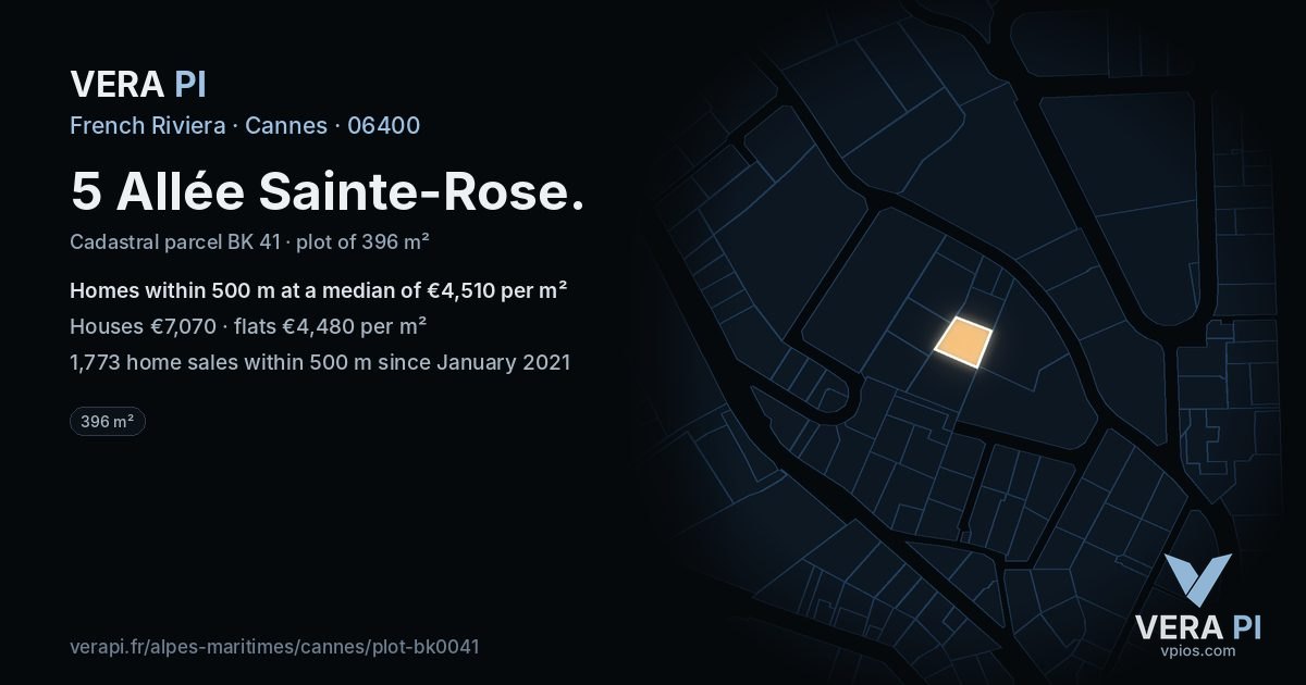 5 Allée Sainte-Rose, Cannes at night – the plot lit, the parcels around coloured by the prices near them