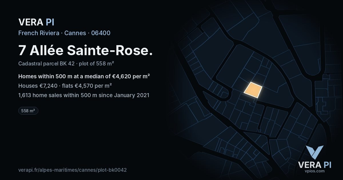 7 Allée Sainte-Rose, Cannes at night – the plot lit, the parcels around coloured by the prices near them