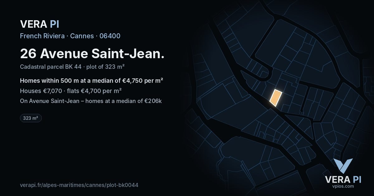 26 Avenue Saint-Jean, Cannes at night – the plot lit, the parcels around coloured by the prices near them