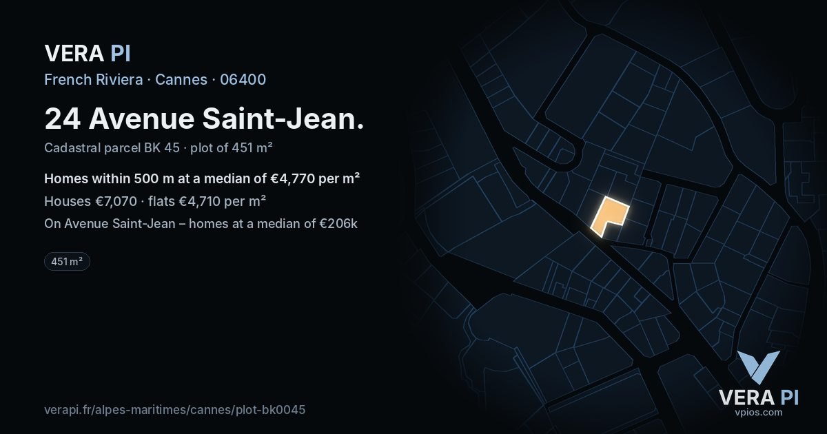24 Avenue Saint-Jean, Cannes at night – the plot lit, the parcels around coloured by the prices near them