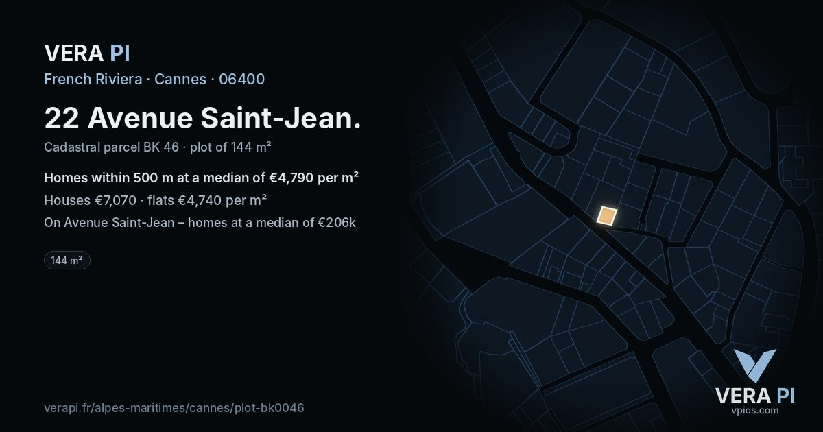 22 Avenue Saint-Jean, Cannes at night – the plot lit, the parcels around coloured by the prices near them
