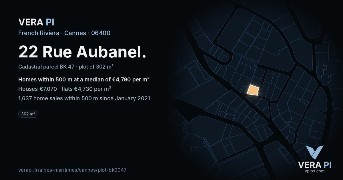 22 Rue Aubanel, Cannes at night – the plot lit, the parcels around coloured by the prices near them