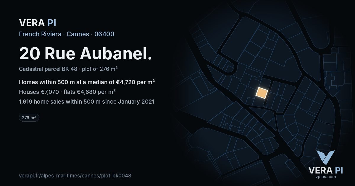 20 Rue Aubanel, Cannes at night – the plot lit, the parcels around coloured by the prices near them