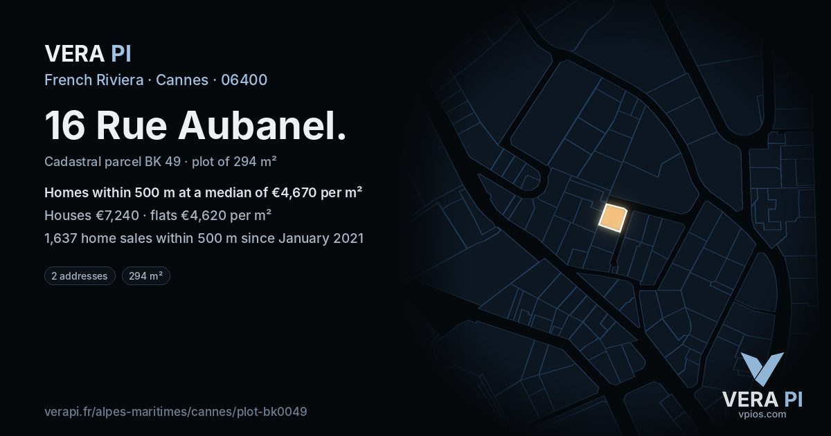 16 Rue Aubanel, Cannes at night – the plot lit, the parcels around coloured by the prices near them