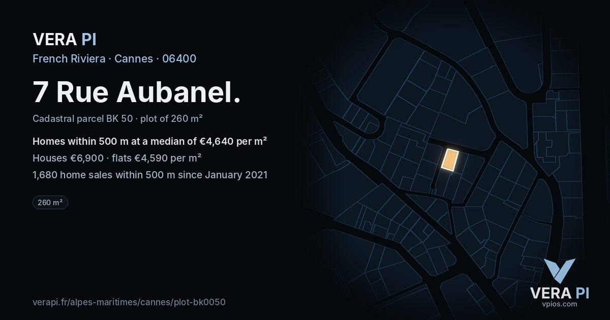 7 Rue Aubanel, Cannes at night – the plot lit, the parcels around coloured by the prices near them