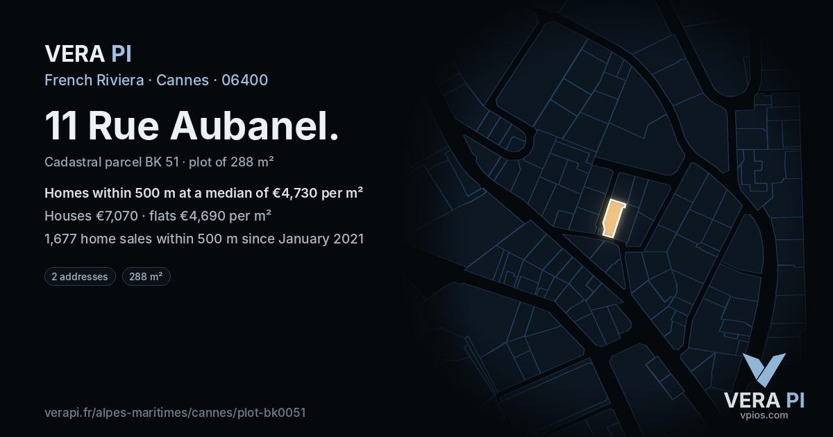 11 Rue Aubanel, Cannes at night – the plot lit, the parcels around coloured by the prices near them