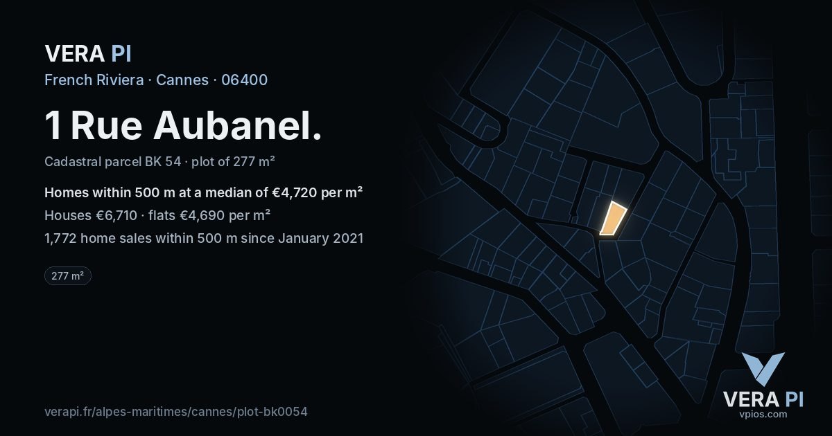1 Rue Aubanel, Cannes at night – the plot lit, the parcels around coloured by the prices near them