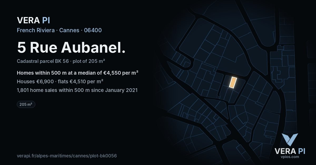 5 Rue Aubanel, Cannes at night – the plot lit, the parcels around coloured by the prices near them