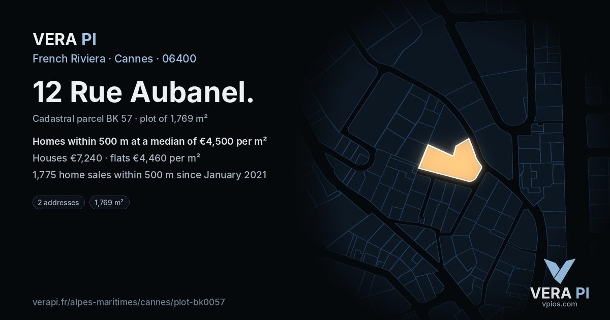 12 Rue Aubanel, Cannes at night – the plot lit, the parcels around coloured by the prices near them