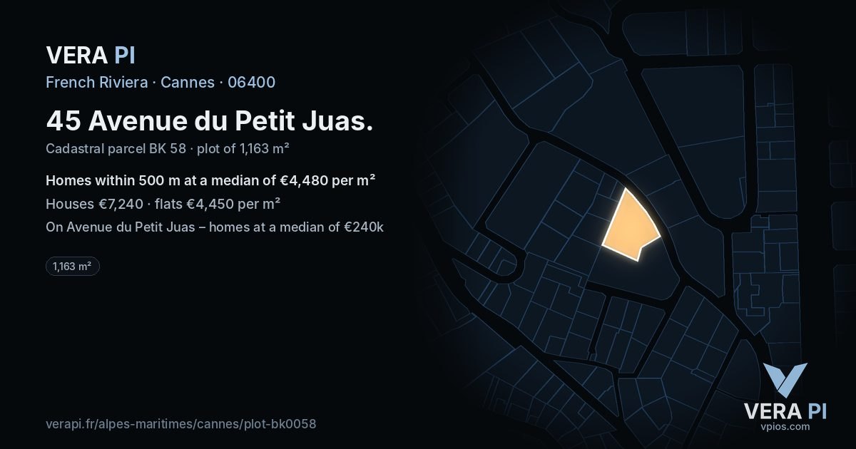 45 Avenue du Petit Juas, Cannes at night – the plot lit, the parcels around coloured by the prices near them