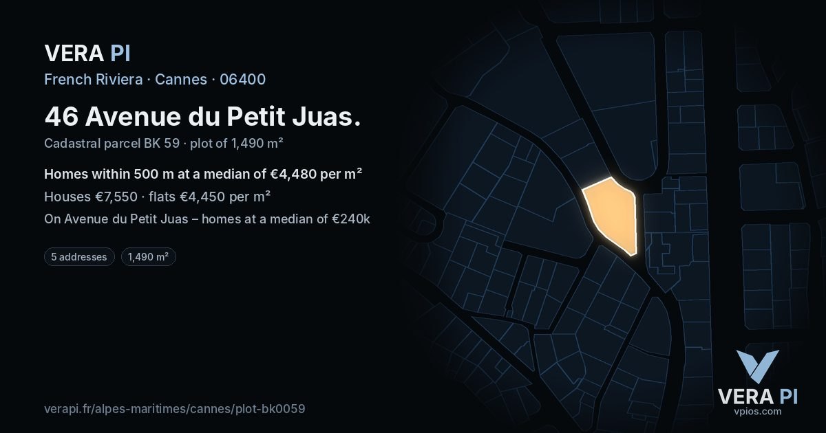 46 Avenue du Petit Juas, Cannes at night – the plot lit, the parcels around coloured by the prices near them