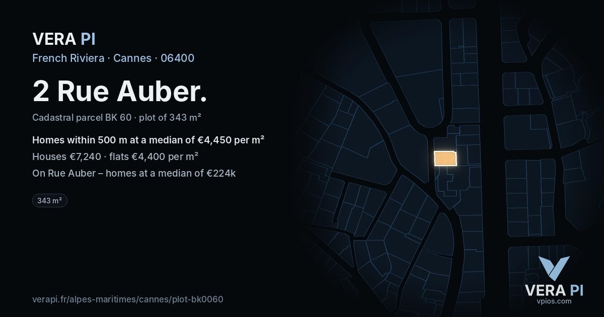 2 Rue Auber, Cannes at night – the plot lit, the parcels around coloured by the prices near them