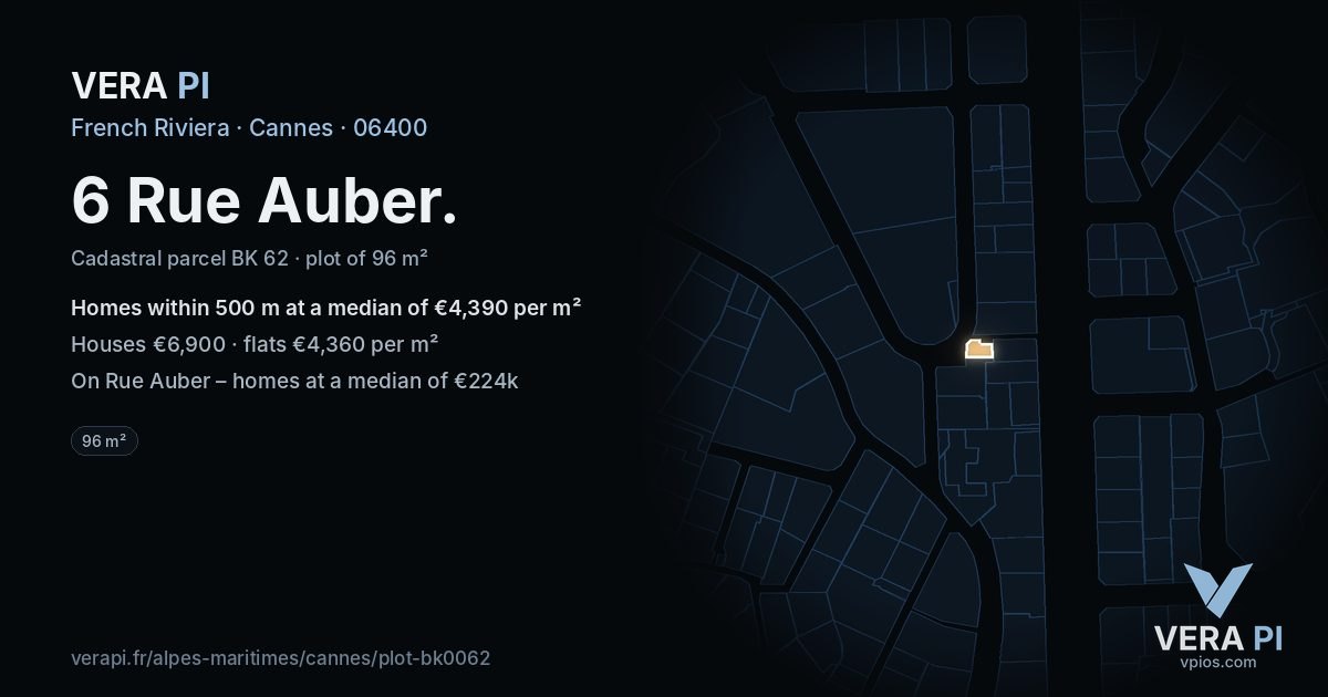 6 Rue Auber, Cannes at night – the plot lit, the parcels around coloured by the prices near them