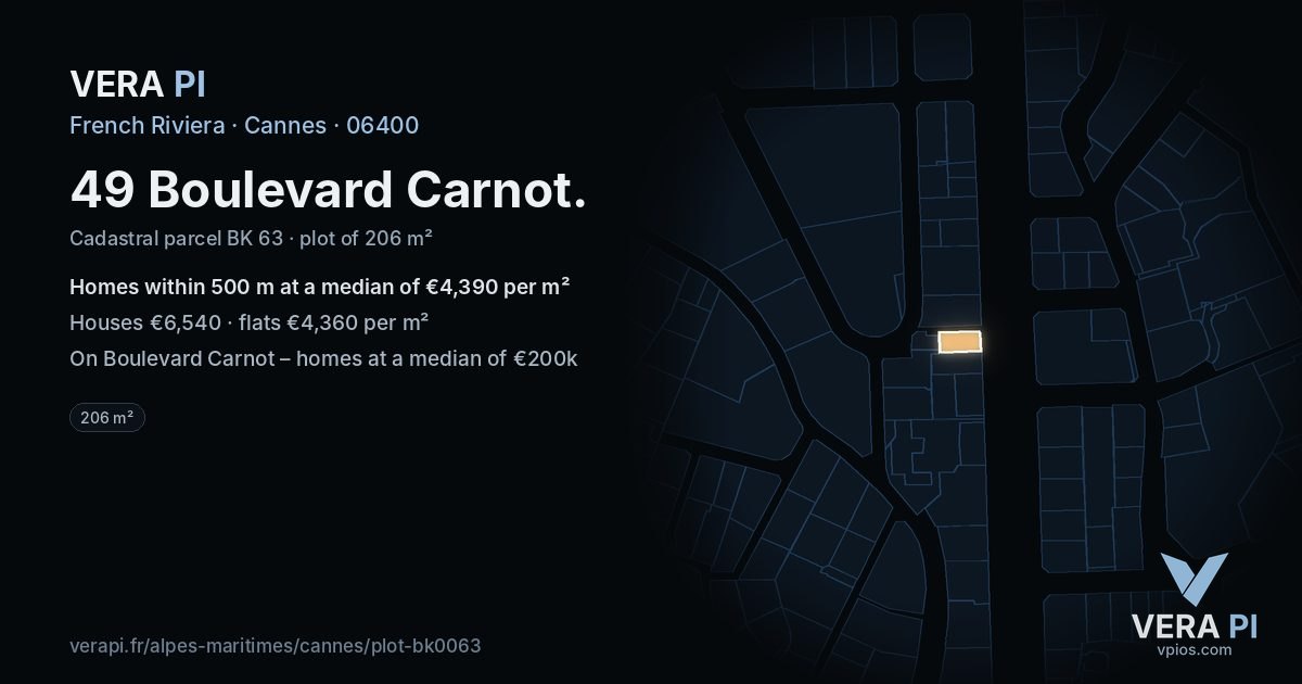 49 Boulevard Carnot, Cannes at night – the plot lit, the parcels around coloured by the prices near them