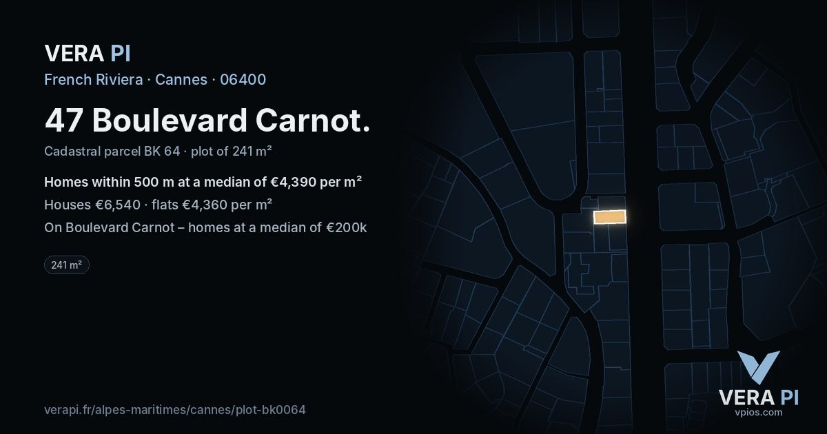 47 Boulevard Carnot, Cannes at night – the plot lit, the parcels around coloured by the prices near them