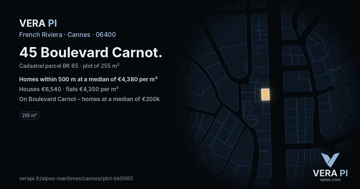 45 Boulevard Carnot, Cannes at night – the plot lit, the parcels around coloured by the prices near them
