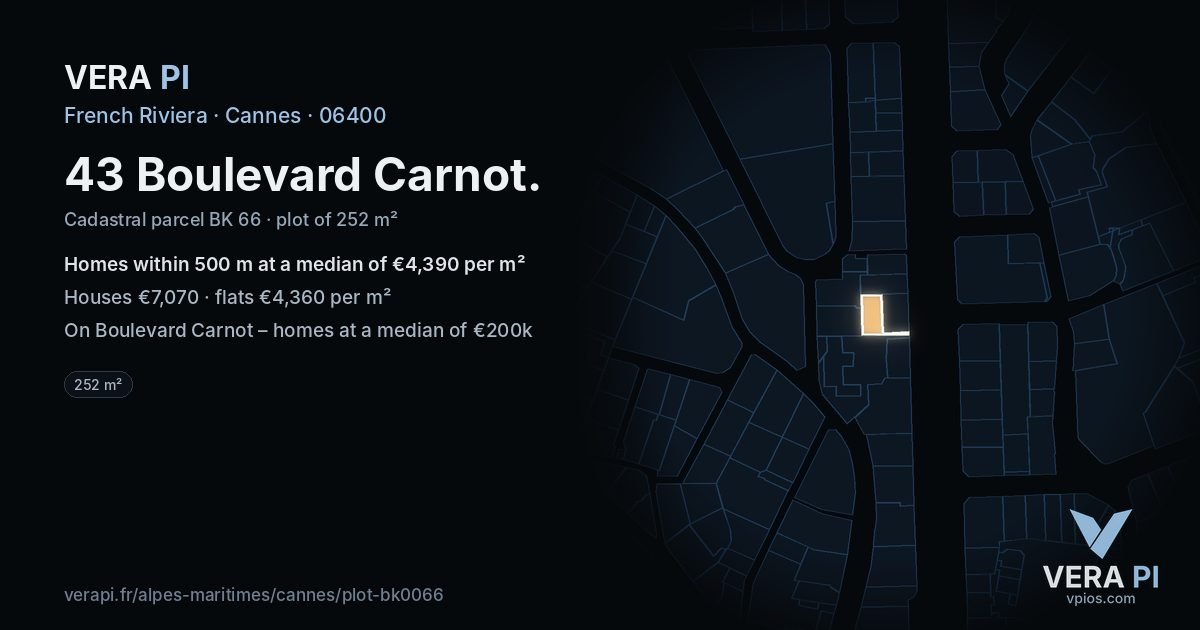 43 Boulevard Carnot, Cannes at night – the plot lit, the parcels around coloured by the prices near them