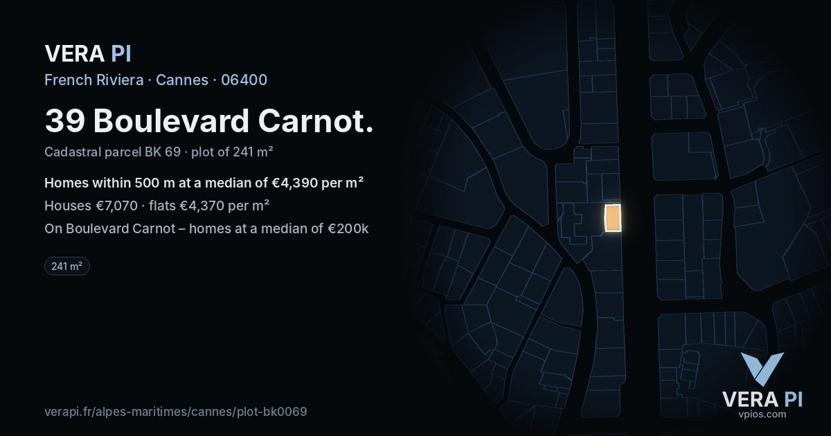 39 Boulevard Carnot, Cannes at night – the plot lit, the parcels around coloured by the prices near them