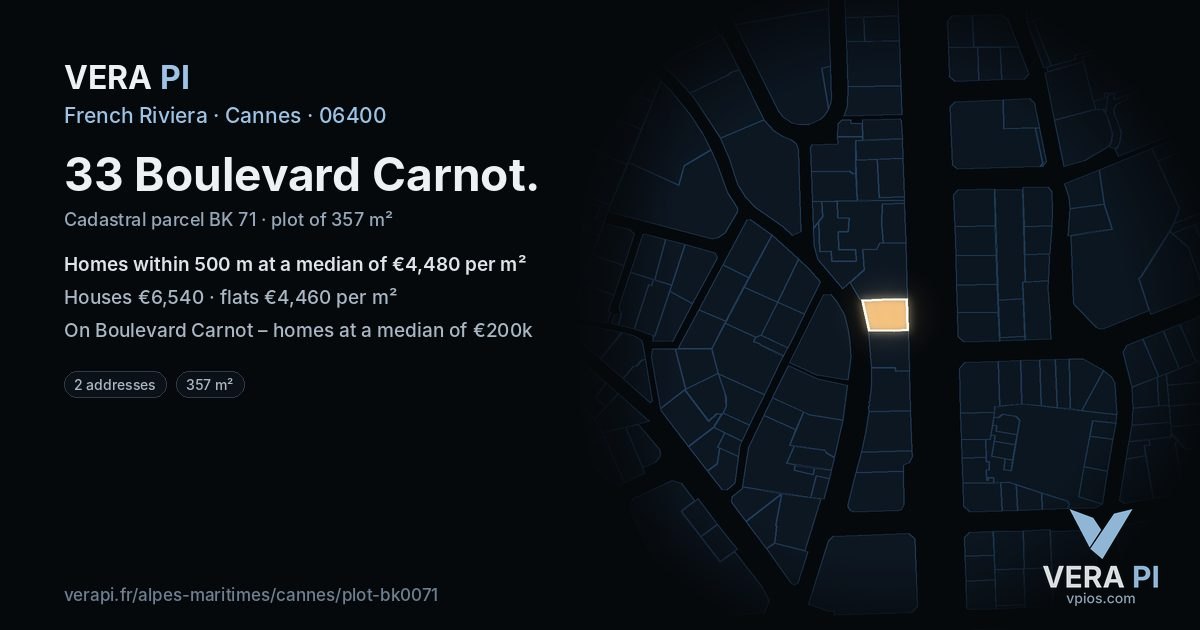 33 Boulevard Carnot, Cannes at night – the plot lit, the parcels around coloured by the prices near them