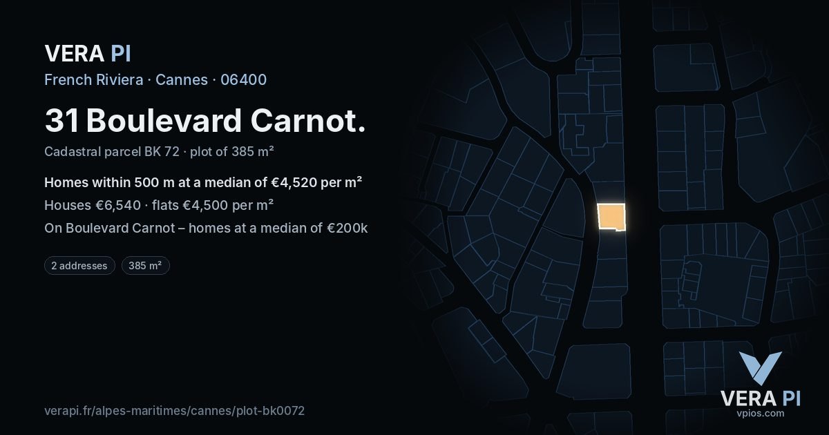 31 Boulevard Carnot, Cannes at night – the plot lit, the parcels around coloured by the prices near them
