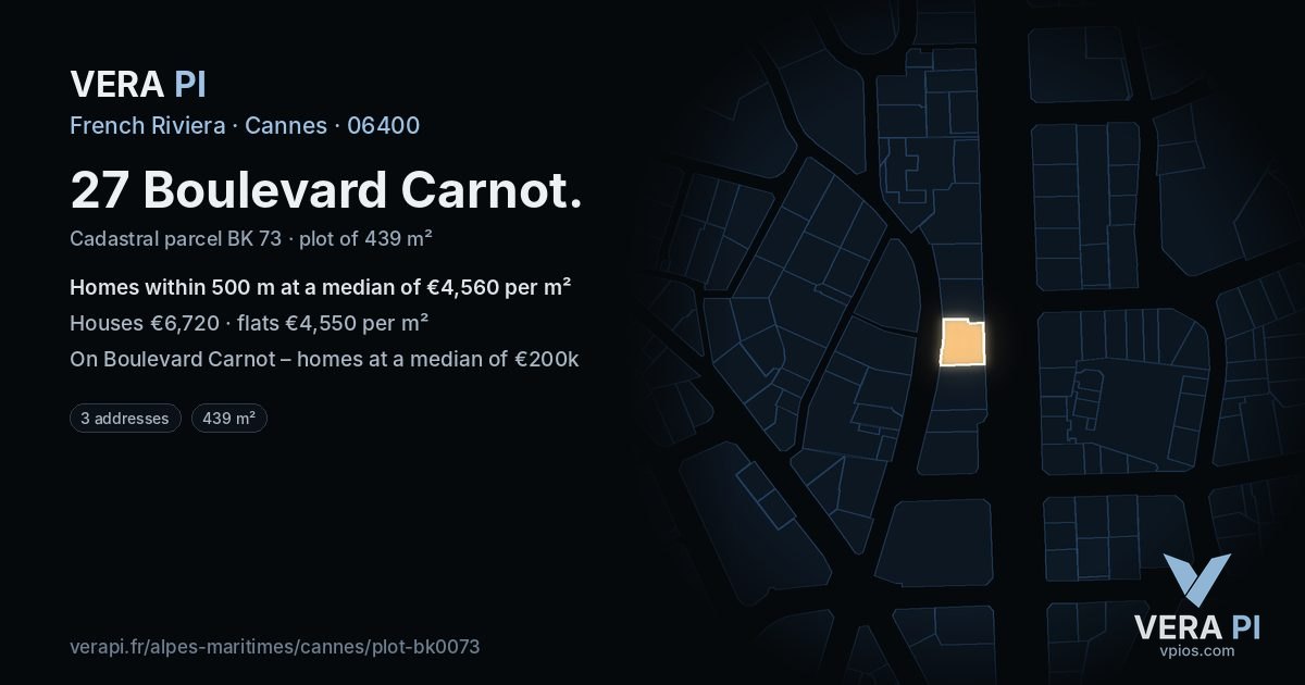 27 Boulevard Carnot, Cannes at night – the plot lit, the parcels around coloured by the prices near them